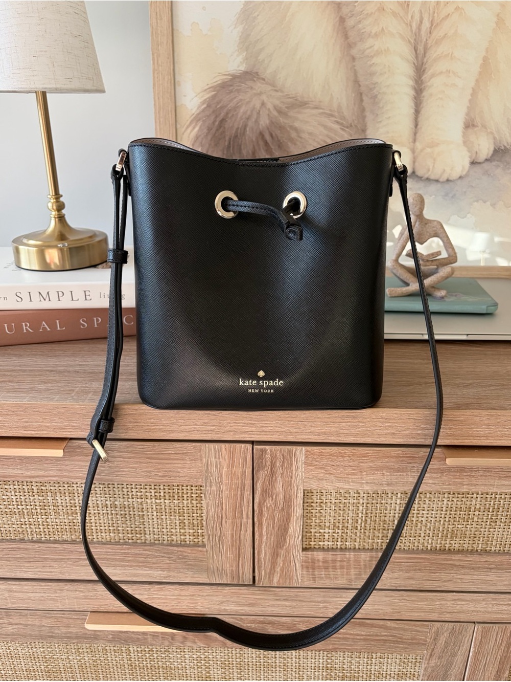 kate spade Black Saffiano Leather Drawstring Crossbody Bucket Bag